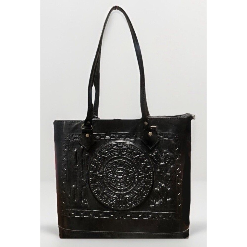 Vintage Mexican Black Hand Tooled Leather Tote Aztec Calendar Hecho en Mexico